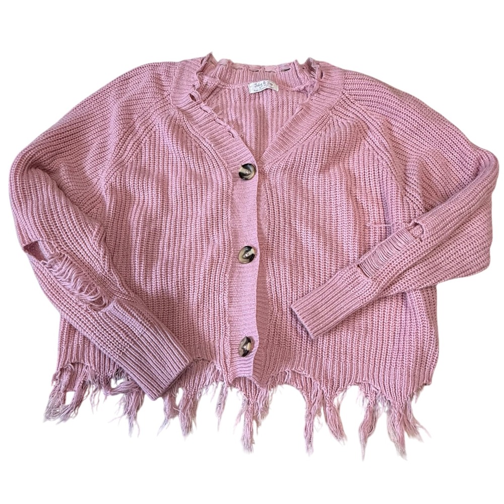 Jolie & Joy Pink Cardigan Sweater‎ Distressed Fringe Knit Button Up Size L